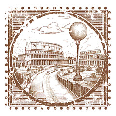 Stamp of Rome City With Monochrome Sepia Color Colosseum and Roman Ru 41B3c Transparent PNG City Concept Art Tshirt Design Illustration Label Diverse City Castle Large Urban Market Project Collage6