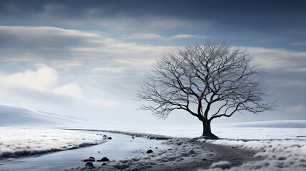 a lonely tree in a snowy field
