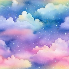 Background from magical fairy-tale gentle rainbow clouds with stars. For design of holiday invitations and cards.