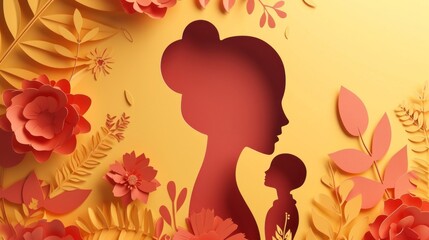 Illustration of face and flowers style paper cut with copy space for mother day. Illustration young mom and kid together. Happy Mother's Day.