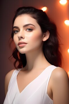 A mesmerizing image of a girl with radiant skin, light makeup, and a sleeveless white dress, creating the perfect visual for a makeup or skincare advertisement against a studio backdrop.