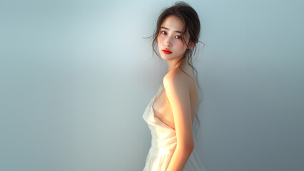 柔らかい光の中で白いドレスを着た女性ポートレート - obrazy, fototapety, plakaty