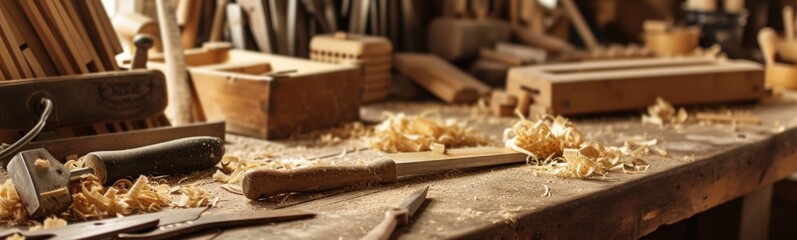 There are many tools on a workbench with wood shaving