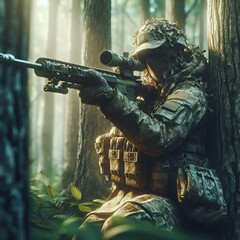 Fototapeta premium soldier with rifle.Special forces soldier with assault rifle in snowy forest.