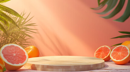 Wooden product display podium on a pastel pink background decorated with oranges and tropical green leaves for displaying natural products, cosmetics, drinks