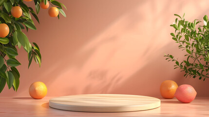 Wooden product display podium on a pastel pink background is decorated with lemons and orange tree for displaying natural products, cosmetics, drinks