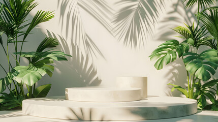 White product display podium with natural green leaves and shadows on grey background under summer sunlight, for advertising cosmetics and natural product presentations. - obrazy, fototapety, plakaty