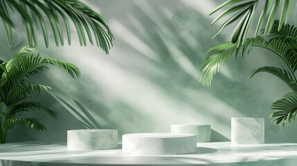 Fototapeta premium White product display podium with natural green leaves and shadows on grey background under summer sunlight, for advertising cosmetics and natural product presentations.