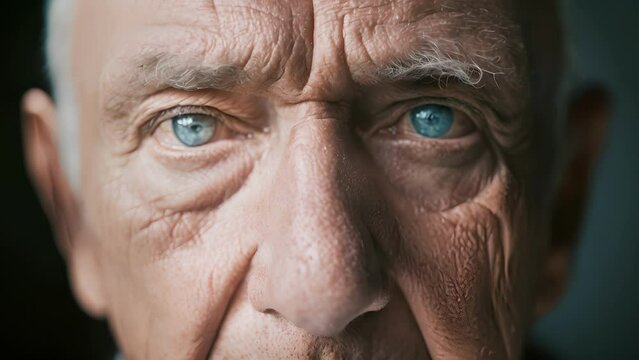 A closeup of a mans face showing a mix of emotions representing the ups and downs of the aging process, Close Up Portrait of a male With Blue Eyes