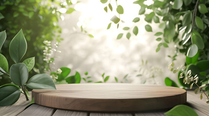 Wooden product display podium in outdoor garden with natural green leaves blurred background under summer sunlight, for advertising cosmetics and natural product presentations.