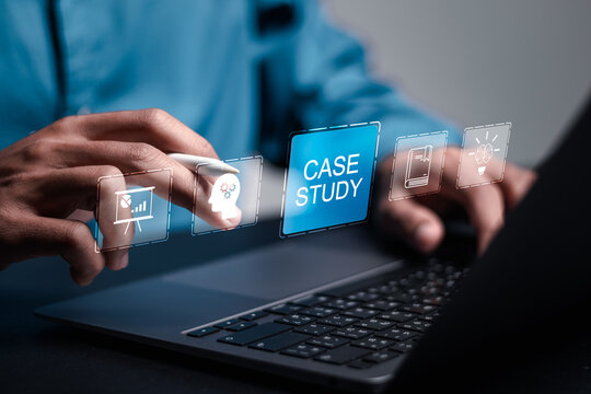 Case study education concept. Businessman use laptop with virtual case study icon for analysis of the situation to find a solution.