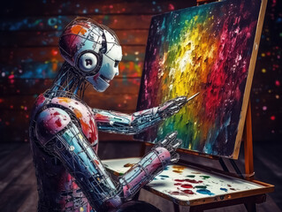 Colorful Ai Artisting painting art on to a real canvas, Generative Ai - 732196296