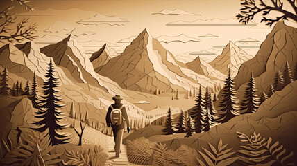 Hiking Mountain Paper cut style for adventure travel in nature concept, Banner and Poster, Generative Ai - 732196444