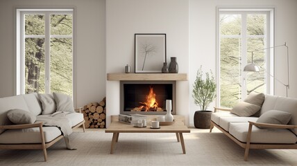 A Scandinavian-style living room with neutral colors, clean lines, and cozy textures, featuring a fireplace as a focal point