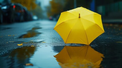 Lonely yellow umbrella under the rain, symbol of the wet rainy season. Contrast, no people , Blurred background, Free space.