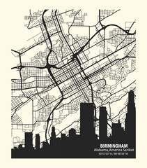 Obraz premium vector map of the city of Birmingham, Alabama, United States. Black and white for home walls and posters