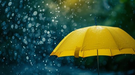 Lonely yellow umbrella under the rain, symbol of the wet rainy season. Contrast, no people , Blurred background, Free space. - obrazy, fototapety, plakaty
