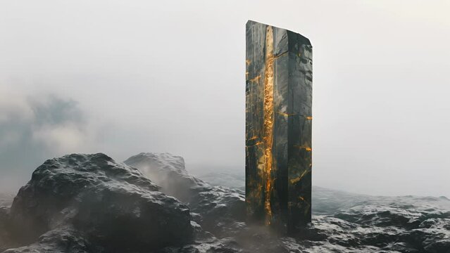 A towering monolith sculpture constructed with layers of petrified wood and amber mimicking the natural process of fossilization.