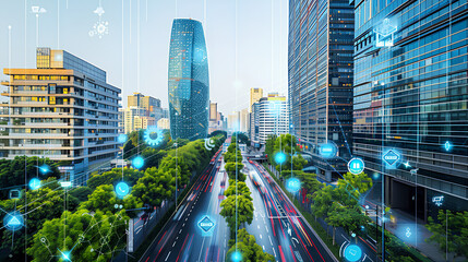 A digital overlay solutions IoT connected public services and clean transport in the future, energy-efficient buildings with eco-friendly tech on urban landscape. Smart city concept.