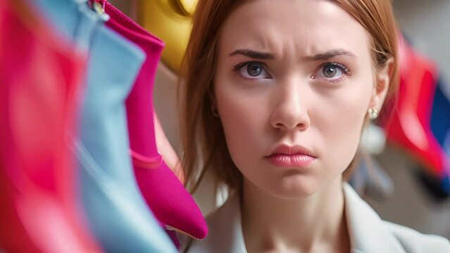 A woman glares at her coworkers designer shoes feeling resentful that she cant afford the same, female Examining a Variety of Shoes at a Store