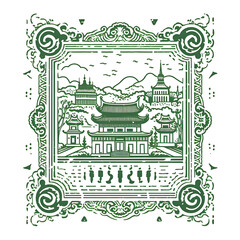Stamp of Seoul City With Monochrome Green Color Hanbok and Palace Dec Transparent PNG City Concept Art Tshirt Design Illustration Label Diverse City Castle Large Urban Market Project Collage 