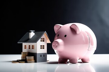 concept of saving to build a house. A piggy bank and a house beside it on the floor