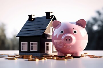 concept of saving to build a house. A piggy bank and a house beside it on the floor