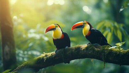 Toucan birds perched on branchwith blurred background of green vegetation.