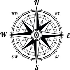 Vintage marine wind rose old compass for nautical direction navigation black vector flat