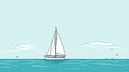 Illustration of a sailing boat navigating through turquoise waters  capturing the sense of freedom and exploration associated with sea adventures. simple minimalist illustration creative - obrazy, fototapety, plakaty