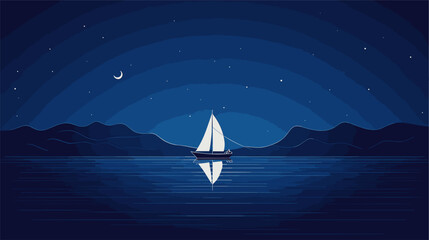 Minimalist scene of a sailboat under a starry sky  portraying the enchanting and serene ambiance of sailing during a tranquil night at sea. simple minimalist illustration creative - obrazy, fototapety, plakaty