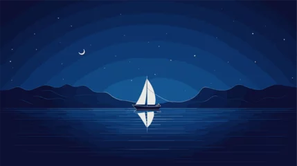 Poster Minimalist scene of a sailboat under a starry sky  portraying the enchanting and serene ambiance of sailing during a tranquil night at sea. simple minimalist illustration creative © J.V.G. Ransika
