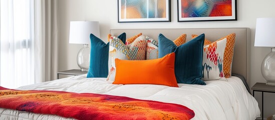 A cozy bedroom with furniture, including a comfortable bed, orange pillows, lamps, and art on wood flooring, creating a warm and inviting ambiance.