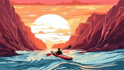 Digital graphic of a kayaker in a challenging waterfall descent  showcasing the daring spirit and thrill-seeking adventure of whitewater enthusiasts. simple minimalist illustration creative