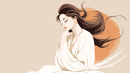 Illustration of a contemplative Chinese woman with flowing calligraphy strokes  embodying the connection between traditional arts and introspection. simple minimalist illustration creative