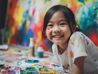 A Girl is drawing and painting on canvas in an Art classroom, with smile, Generative Ai. - 732202413