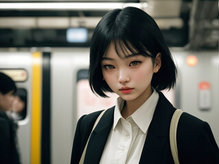 Asian young business woman is traveling in rush hour on subway underground station, Generative Ai - 732202415