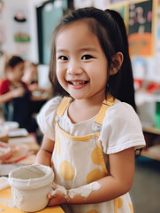 Little girl is working with mud and clay in an art pottery ceramic class, for creative education and happiness cocnept, Generative Ai - 732202438