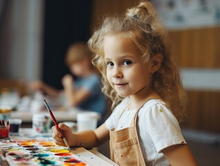 Little girl is working with mud and clay in an art pottery ceramic class, for creative education and happiness cocnept, Generative Ai - 732202458