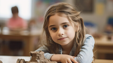 Little girl is working with mud and clay in an art pottery ceramic class, for creative education and happiness cocnept, Generative Ai - 732202492