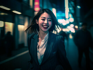 Business woman traveling at night in a rain with relaxing faces with street light background, Generative AI - 732202616