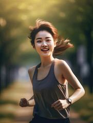 Asian woman is running happy in a park, healthy exercise concept, Generative Ai - 732202630