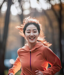 Asian woman is running happy in a park, healthy exercise concept, Generative Ai - 732202639