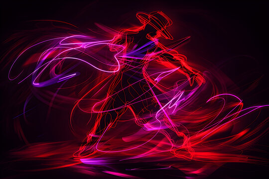 Neon illustration of a salsa dancer with vibrant red and purple light trails isolated on black background Created with generative AI.