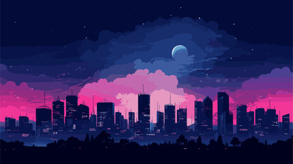 Digital graphic featuring a city at night with illuminated skyscrapers and city lights  showcasing the dynamic and cosmopolitan nature of a modern urban setting. simple minimalist illustration - obrazy, fototapety, plakaty