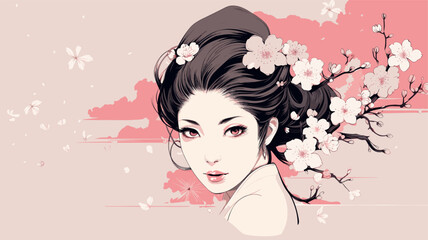 Vector art of cherry blossoms framing a serene Japanese woman  reflecting the delicate and transient nature of beauty in Japanese culture. simple minimalist illustration creative