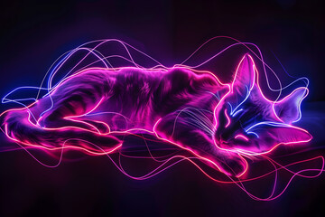 Captivating neon silhouette of a sleeping cat isolated on black background. Created with generative AI.