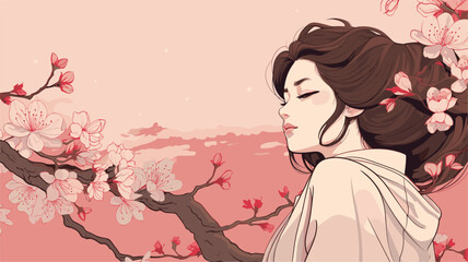 Vector art of cherry blossoms framing a serene Japanese woman  reflecting the delicate and transient nature of beauty in Japanese culture. simple minimalist illustration creative