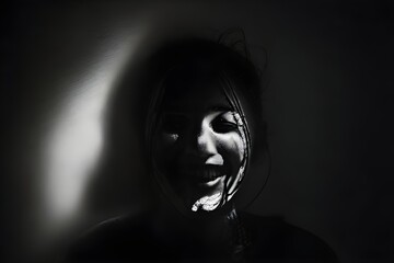 Isolated in suffocating darkness, adorned with a fake smile. Subtle cues reveal the stark contrast between external facade and internal turmoil. A poignant portrayal of profound loneliness. Ideal for  - obrazy, fototapety, plakaty