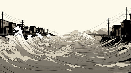 Digital graphic featuring a stylized representation of a coastal area inundated by a tsunami  illustrating the meteorological and seismic aspects leading to these destructive oceanic events. simple